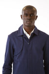 Mens Blue Recycled Long Mackintosh Jacket front detail view