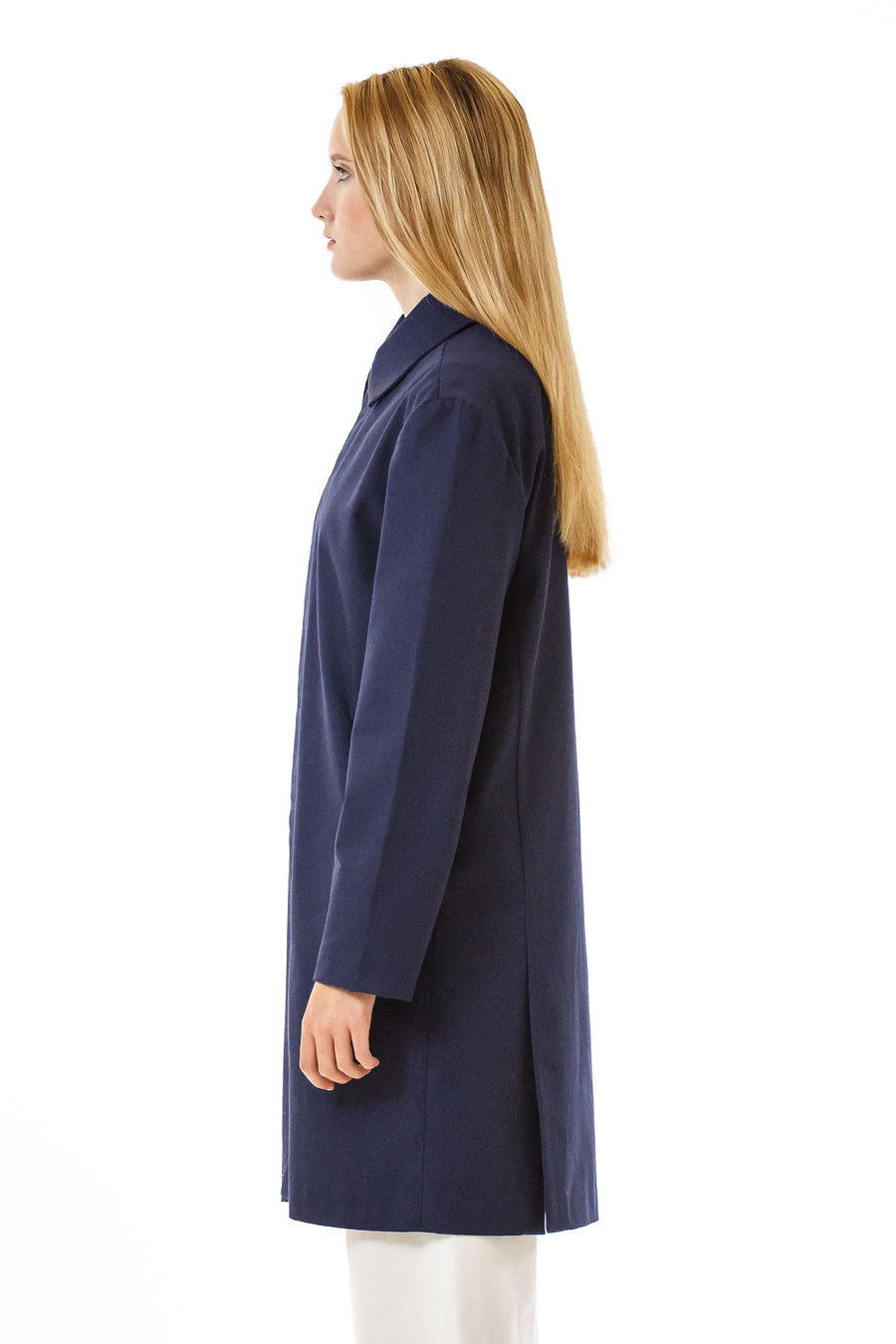 Womens Blue Recycled Long Mackintosh Jacket front view