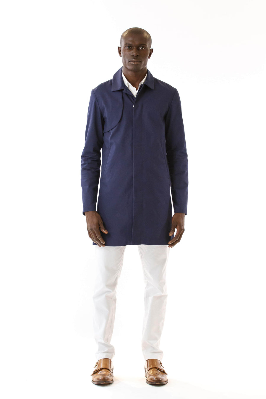 Mens Blue Recycled Long Mackintosh Jacket front view