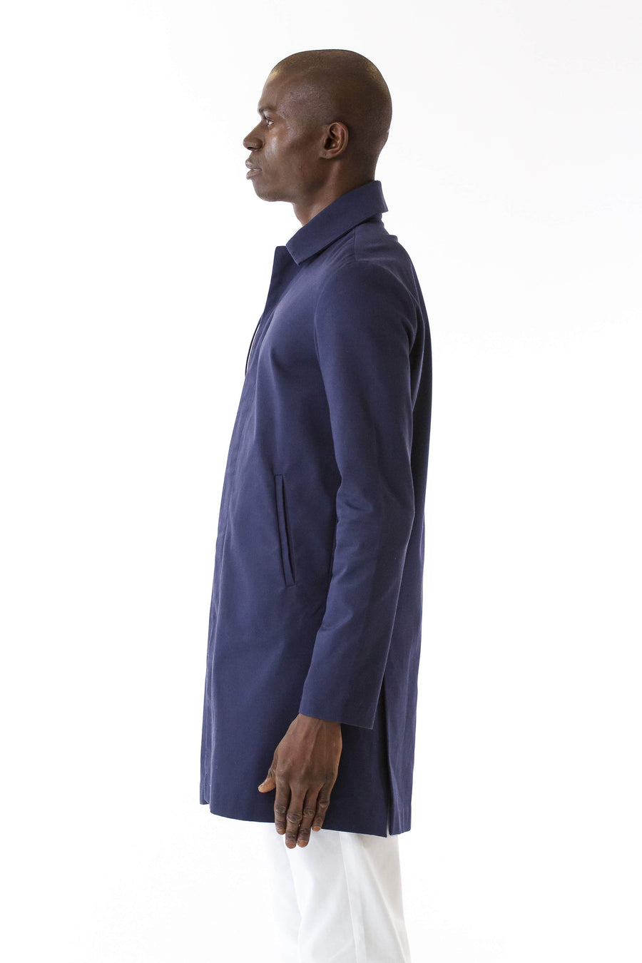 Mens Blue Recycled Long Mackintosh Jacket front view