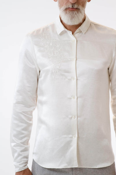Mens Embroidered White Hempsilk Shirt front detail view