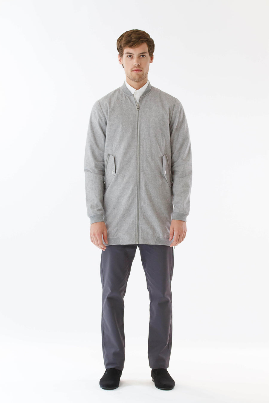 Mens Grey Hemp Long Bomber front view