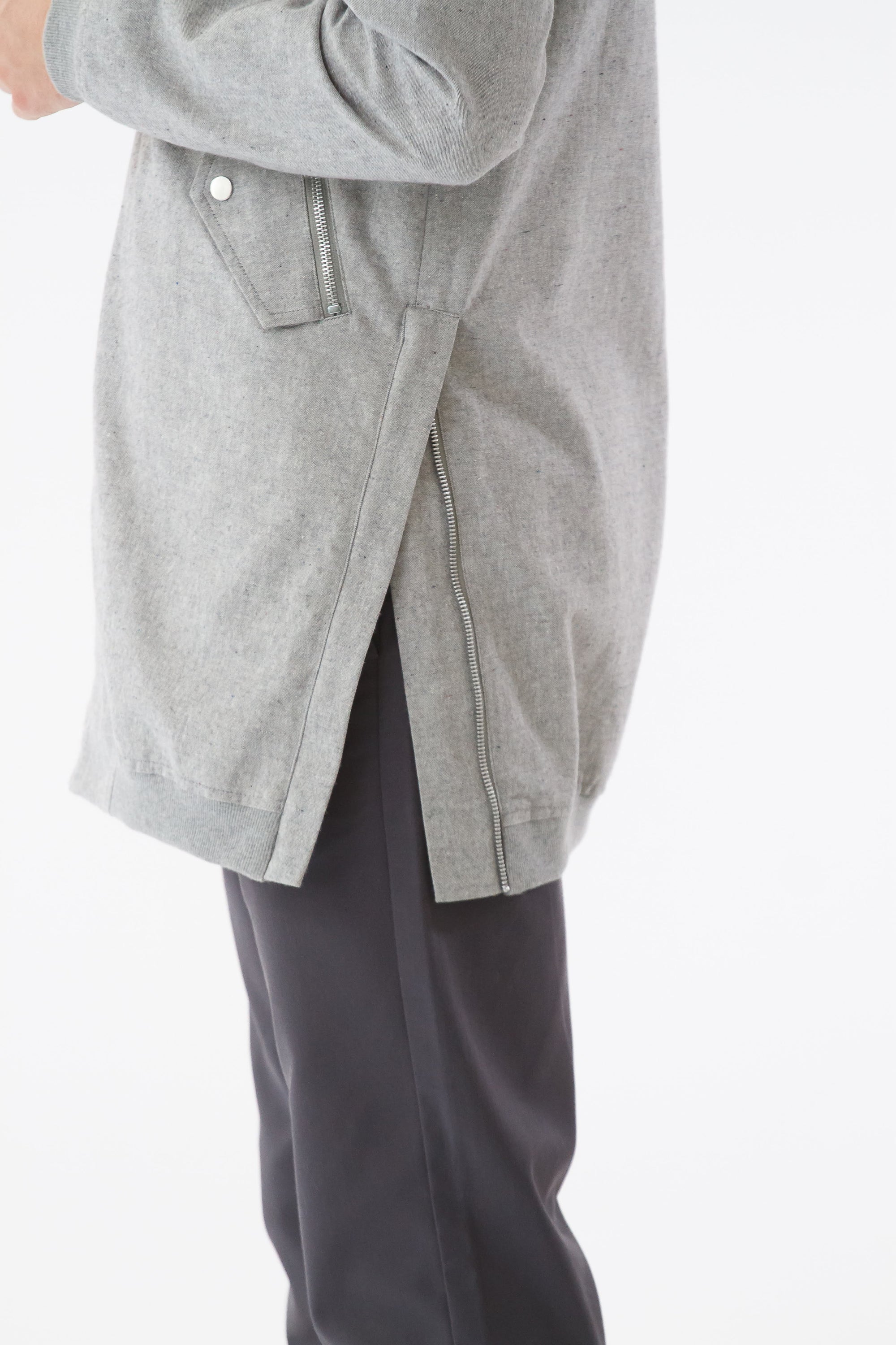 Mens Grey Hemp Long Bomber side detail