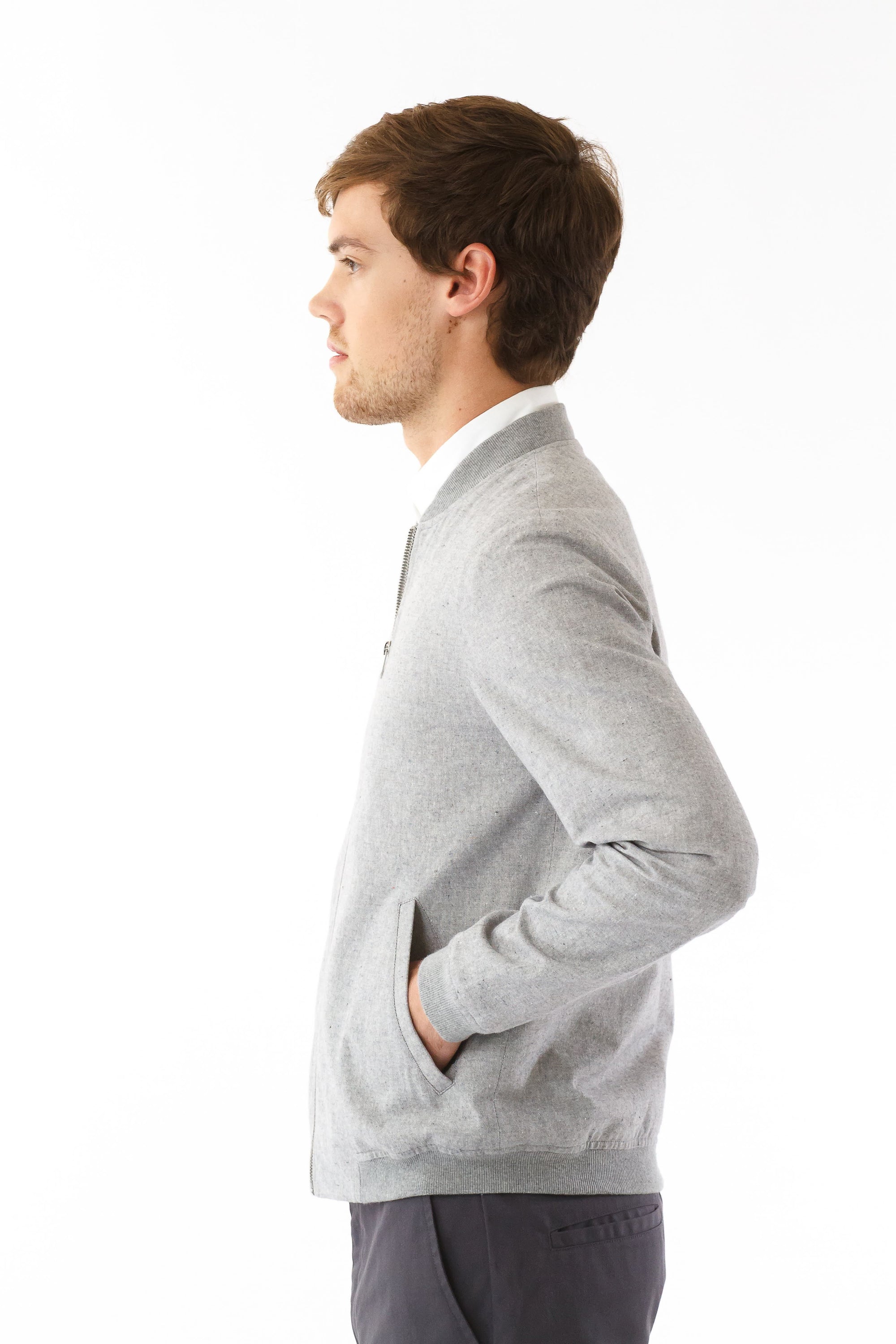Mens Grey Hemp Bomber side view