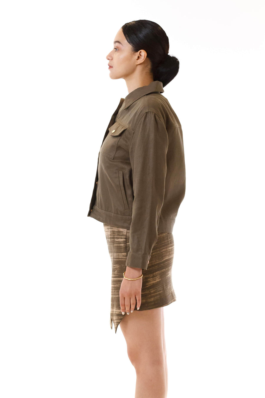 Womens Bleach Printed Green Jagged Edge Skirt Green Denim Utility Jacket front view