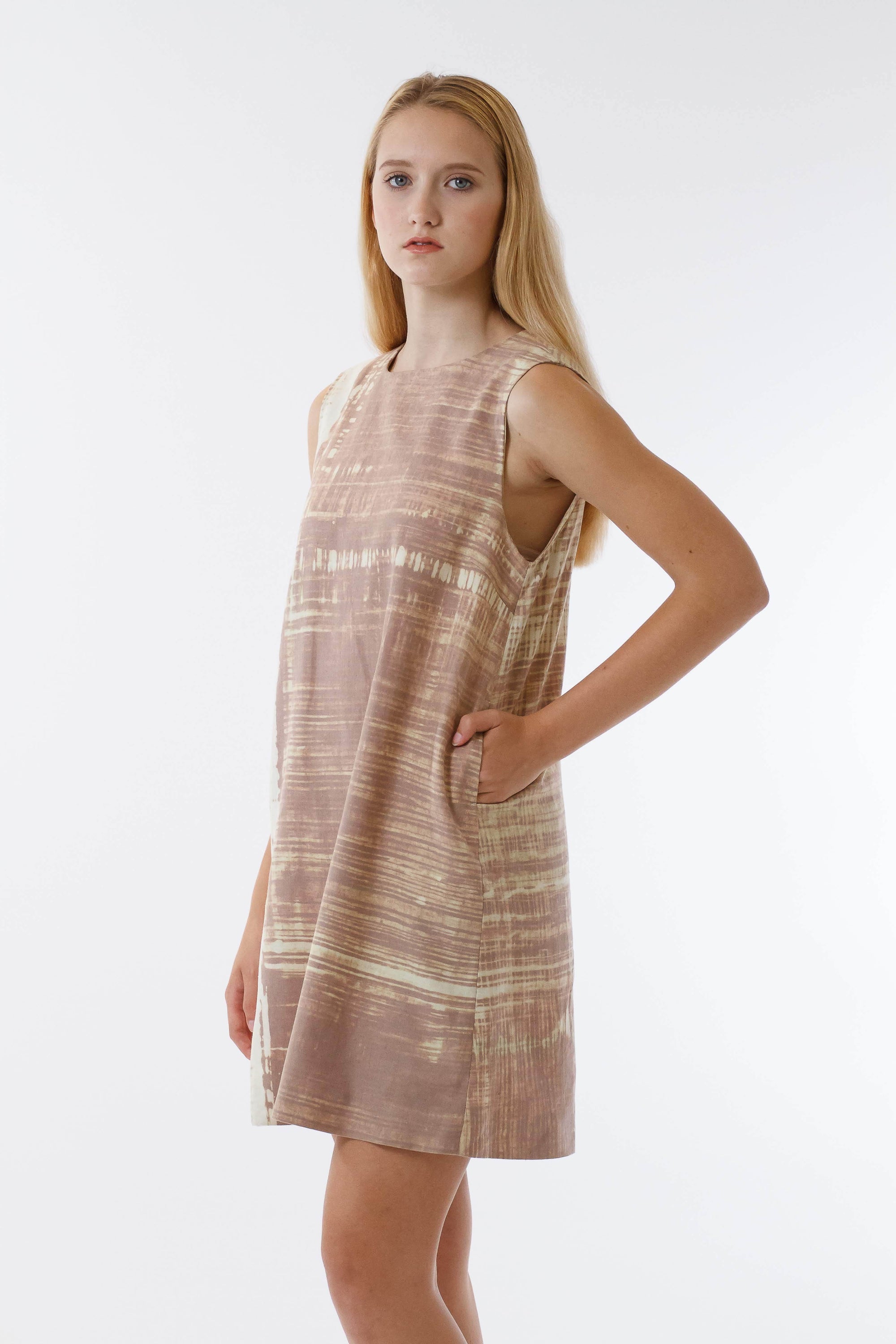 Womens Nutmeg Watercolor Bleach Printed Shift Dress three quarter view