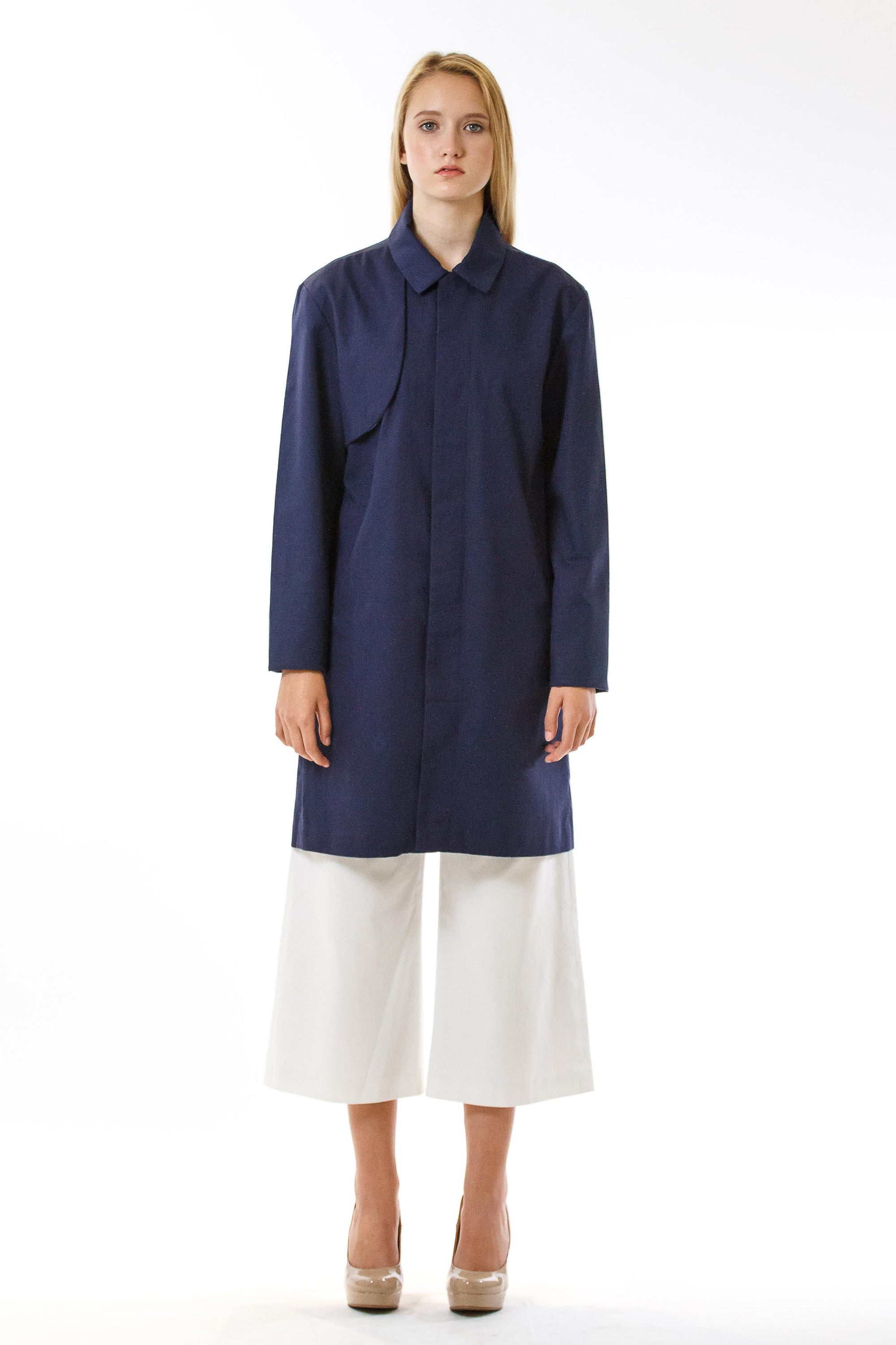 Womens Blue Recycled Long Mackintosh Jacket front view