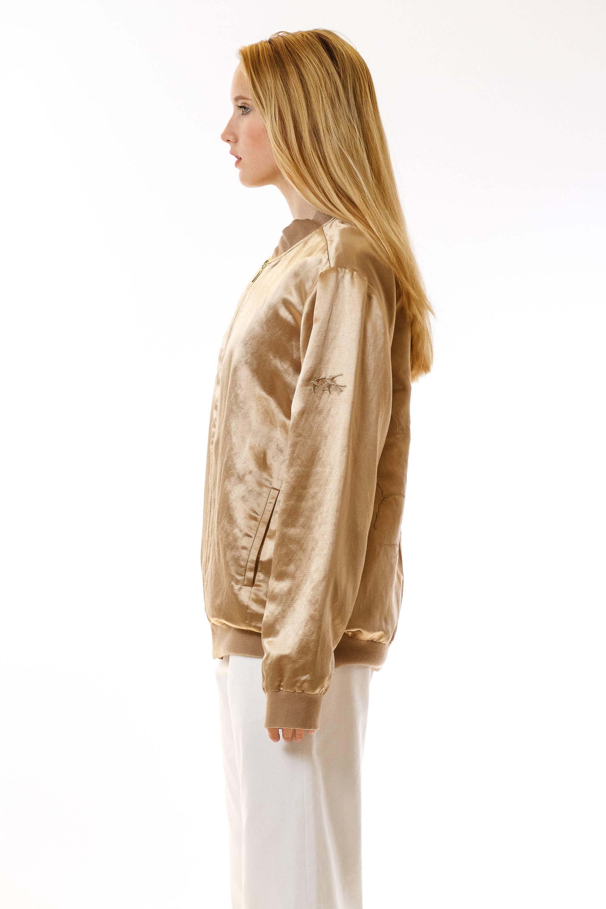 Womens Embroidered Gold Hempsilk Bomber side view