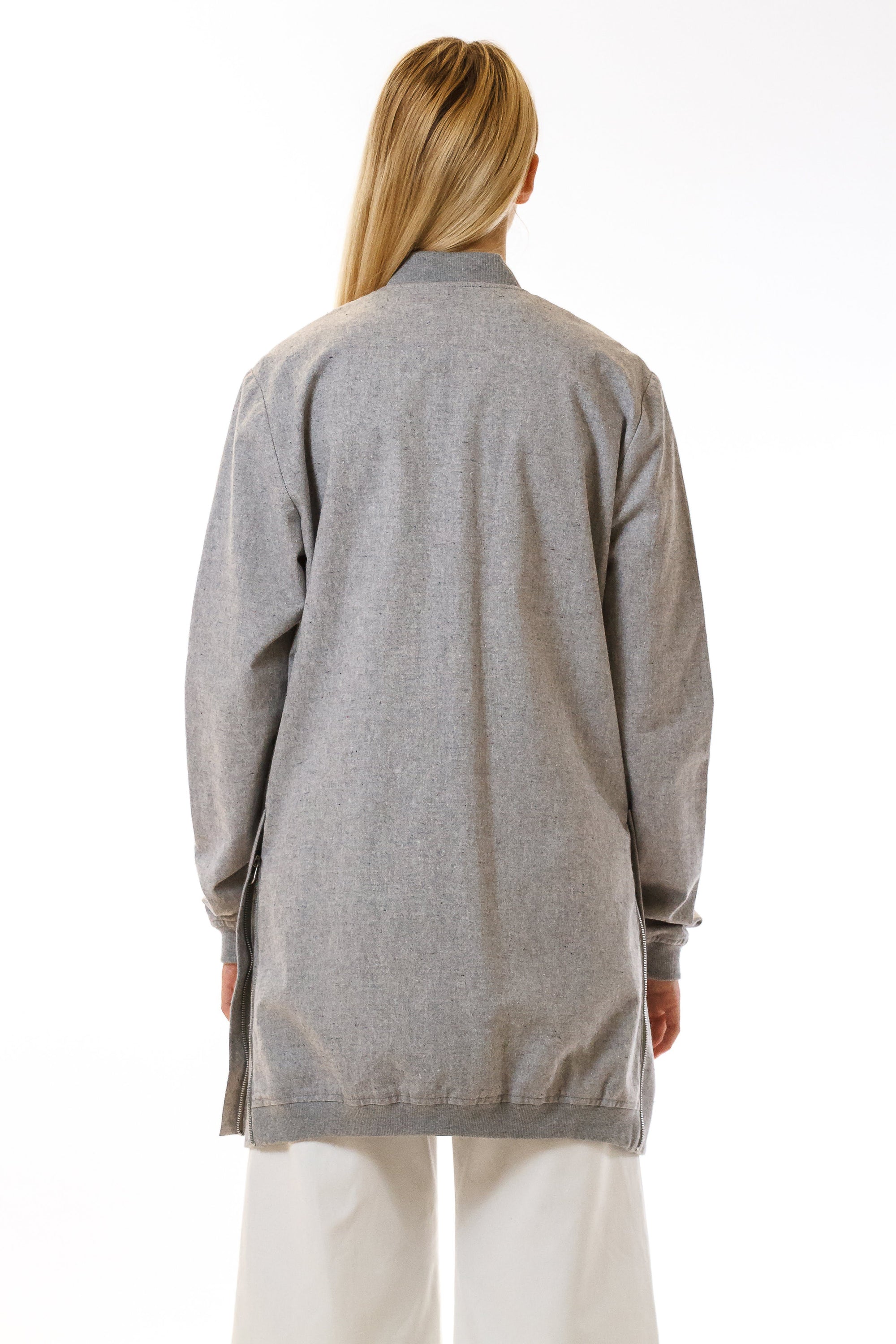 Womens Grey Hemp Long Bomber back view