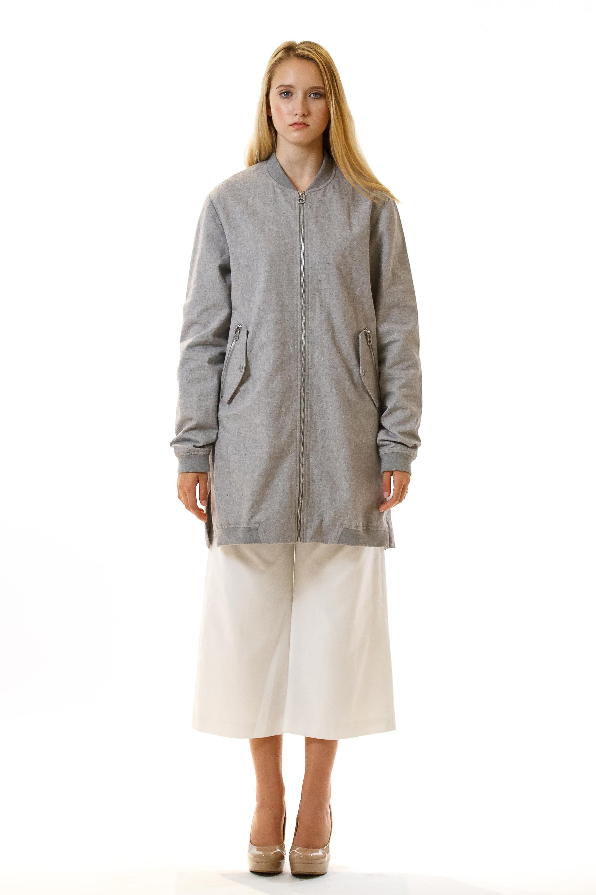 Womens Grey Hemp Long Bomber front view