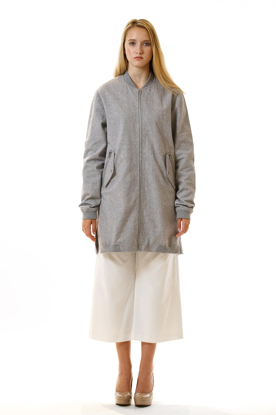 Womens Grey Hemp Long Bomber front view