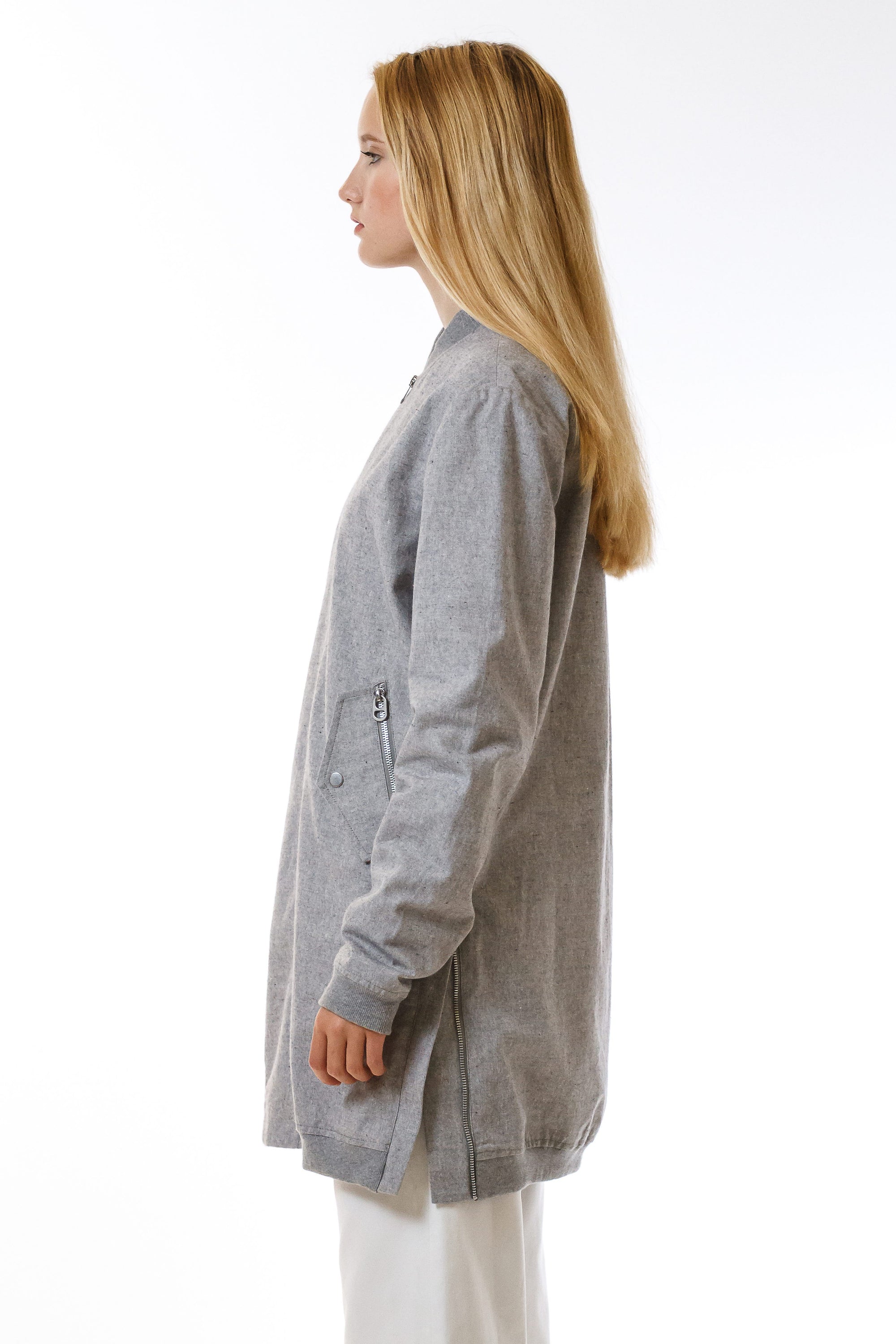 Womens Grey Hemp Long Bomber side view