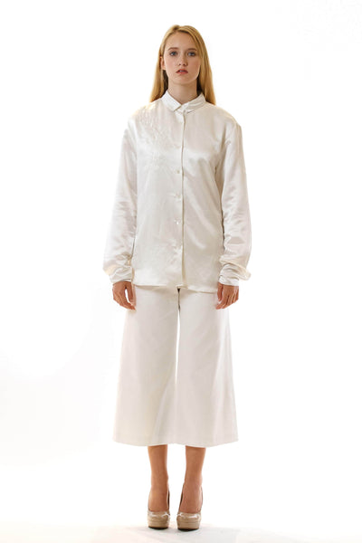 Womens Embroidered White Hempsilk Shirt front view