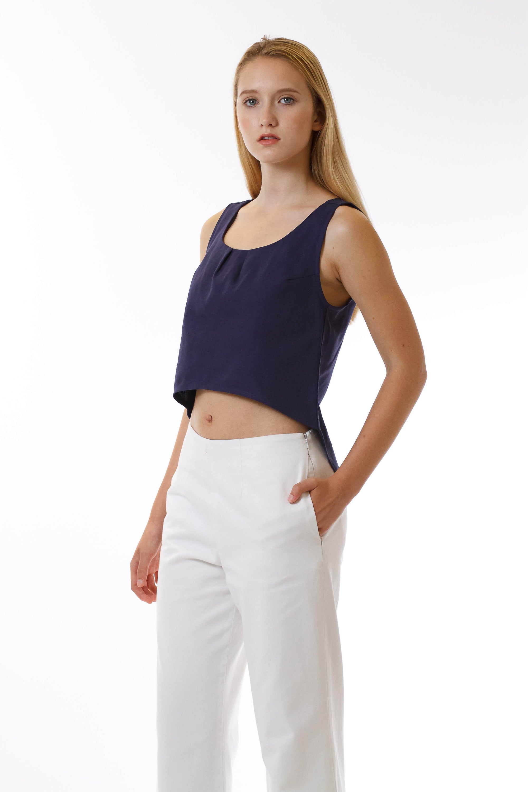 Womens Navy Fishtail Tank three quarter view