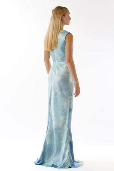 Womens Printed Silk Evening Gown back view