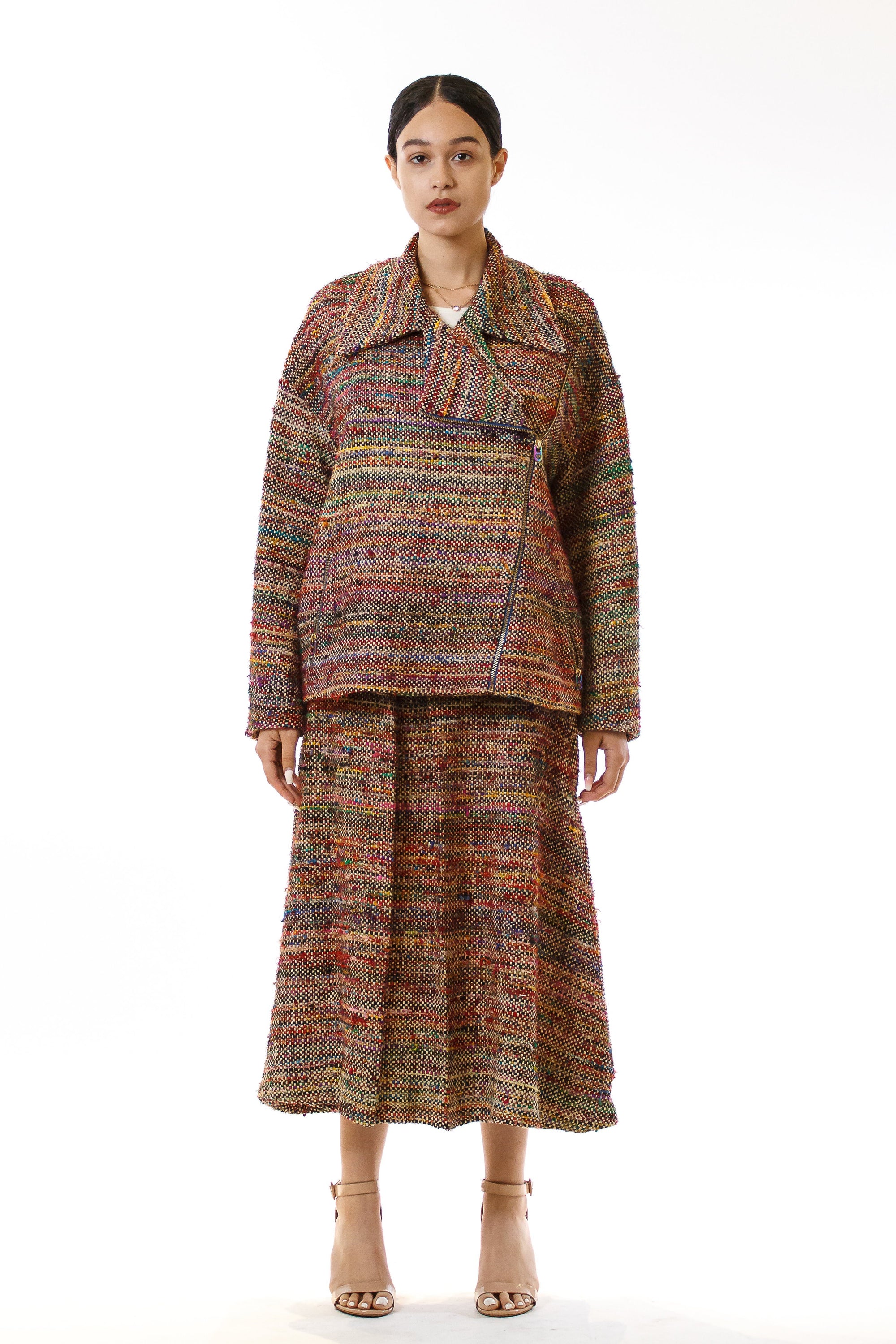 Womens Rainbow Skirt and Motorcycle Jacket front view