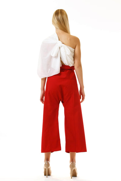 Womens Red Paperbag Pants Embroidered Scarf back view