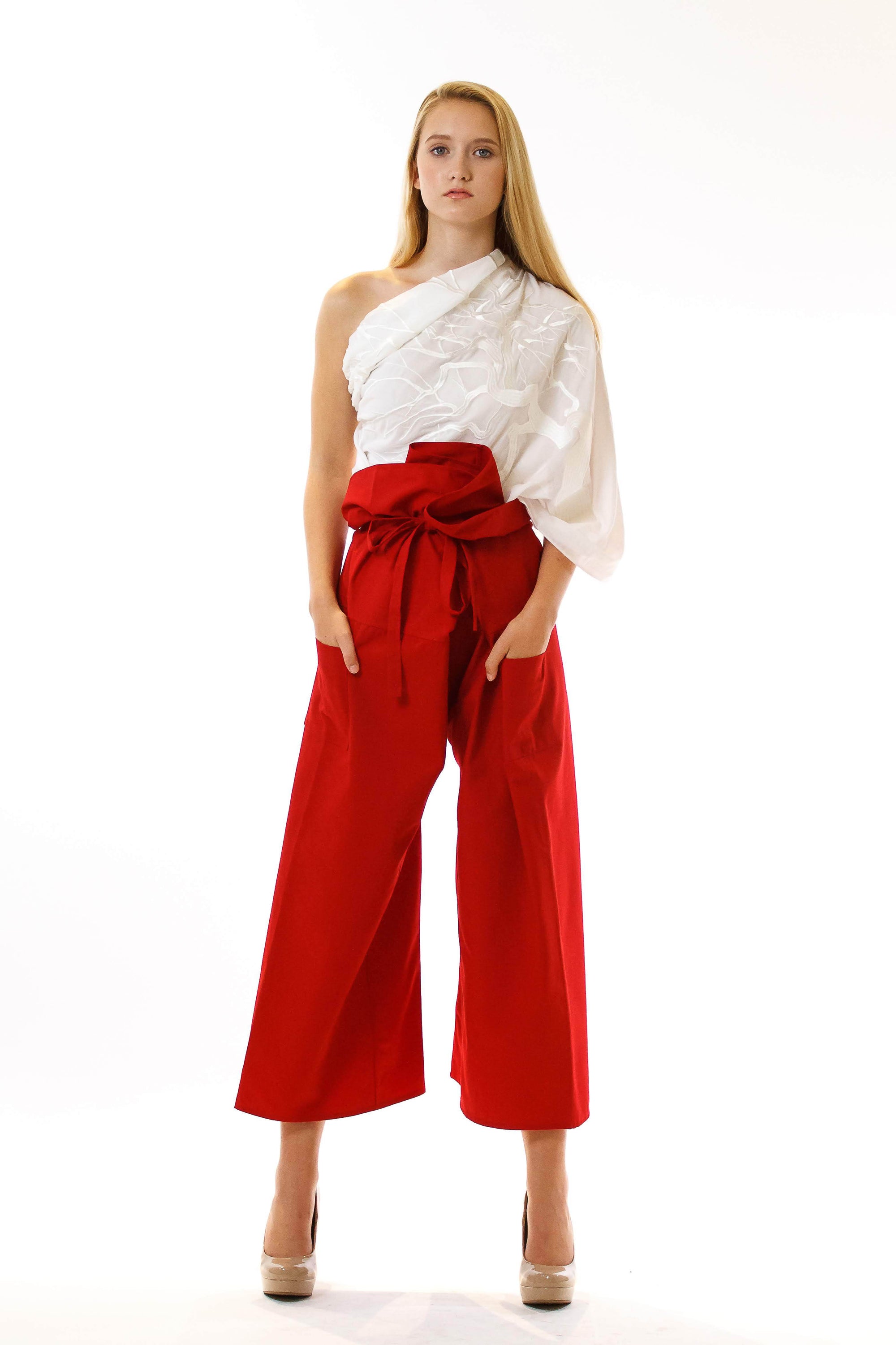 Lasula paper bag waist trouser in coral red  ASOS