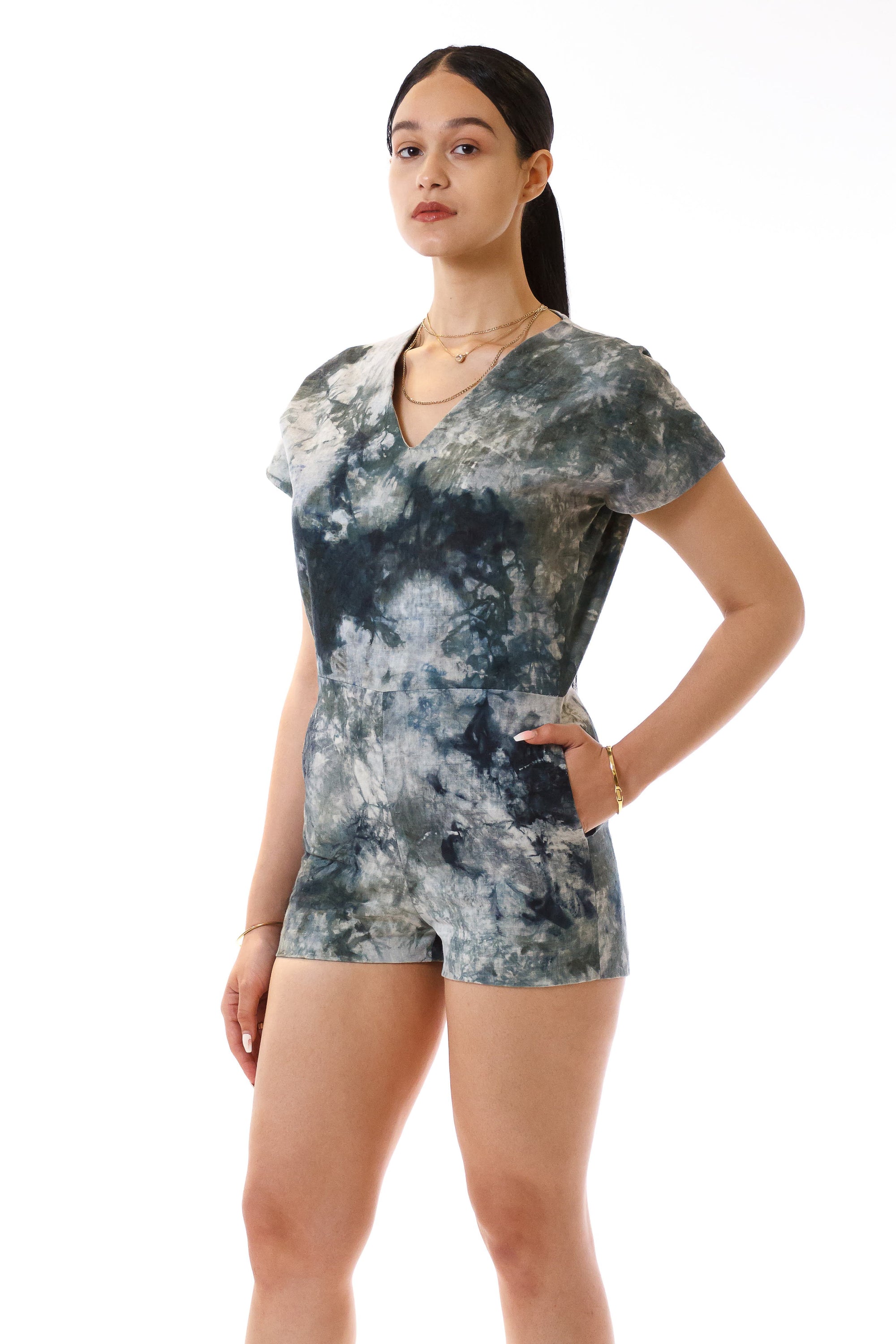 Womens Watercolor Printed Romper three quarter view