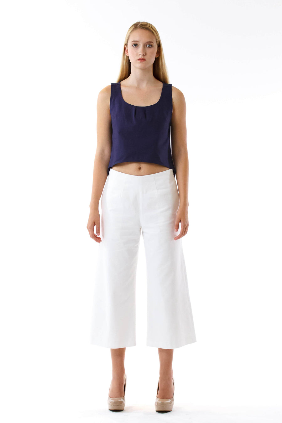 Womens White Culottes and Navy Fishtail Tank front view