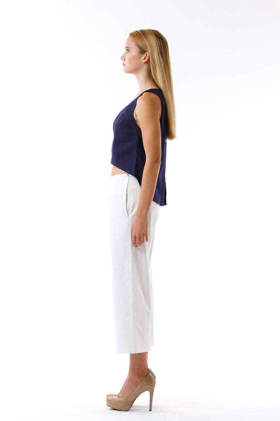 Womens White Culottes and Navy Fishtail Tank front view