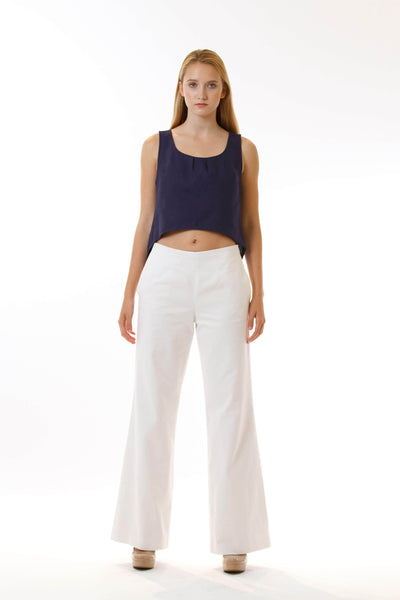 Womens White Long Pants and Navy Fishtail Tank front view